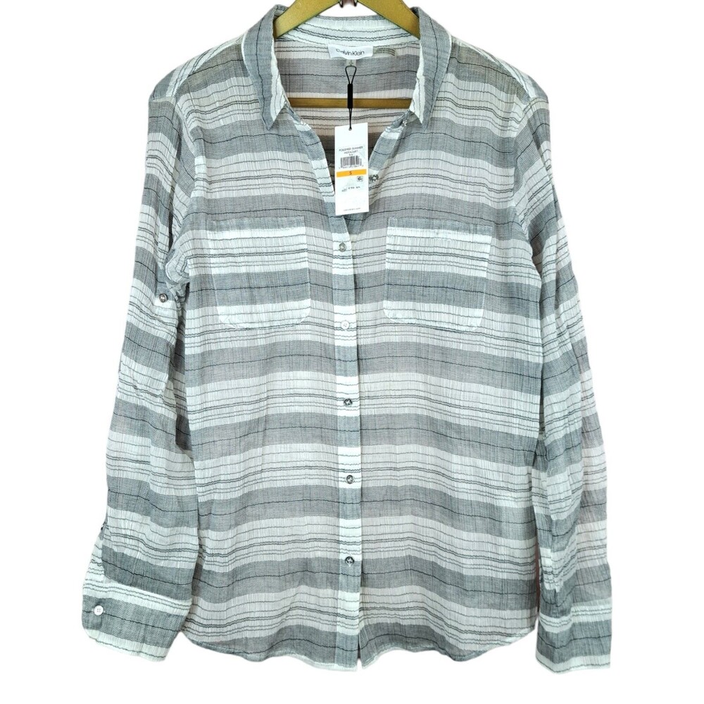 NEW Calvin Klein Women Long Sleeve Button Up Sheer Blouse Size S Striped